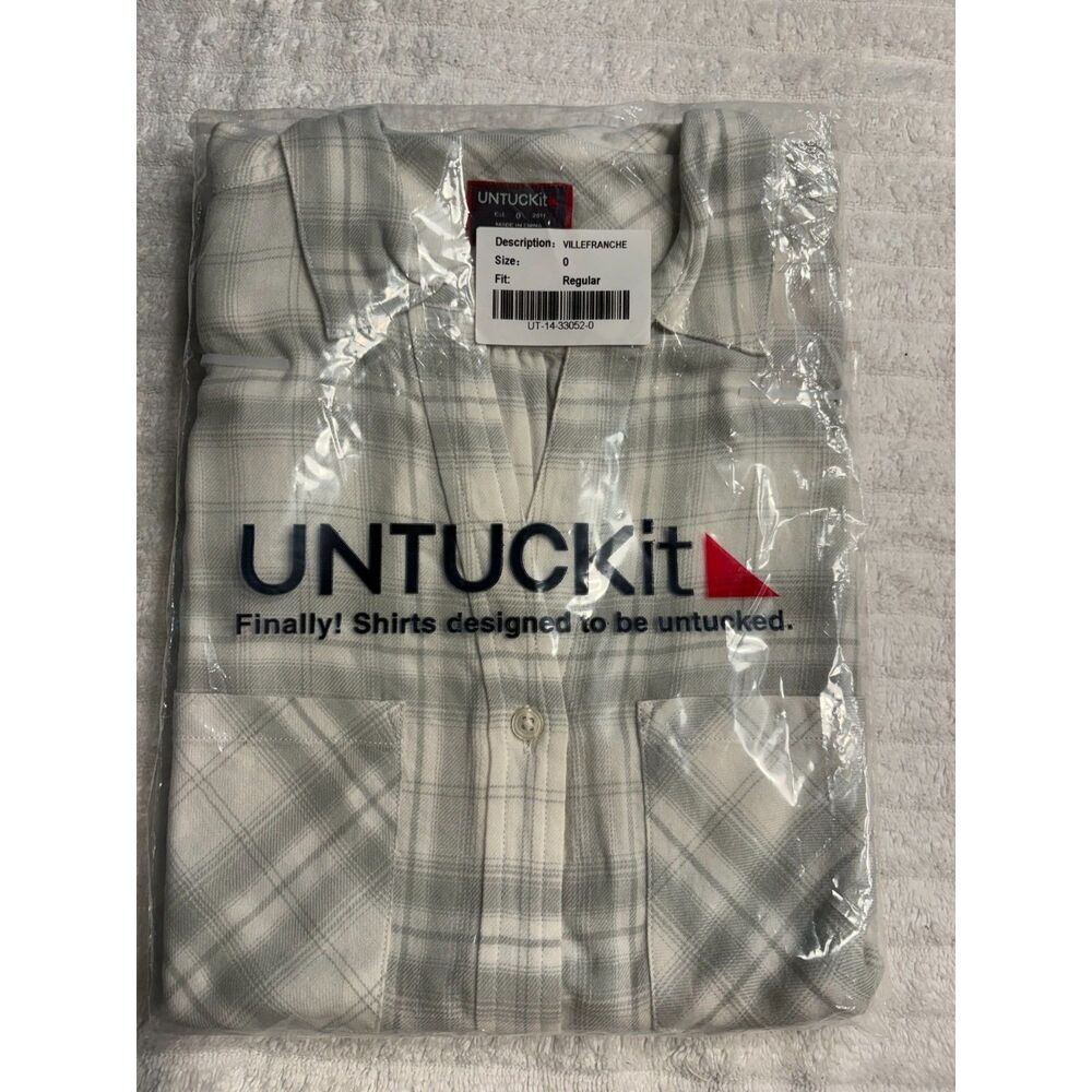 UNTUCKit Villefranchie Plaid Button Front Top Size 0 White Gray Cotton TENCEL - Picture 8 of 8